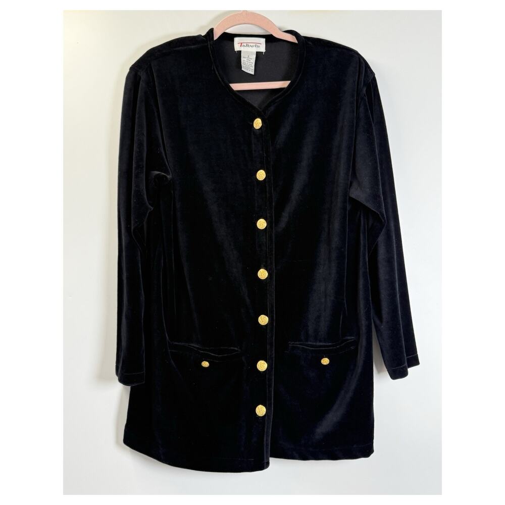 VTG Talbots Black Velvet Button Front Jacket Cardigan Gold Buttons Soft Grunge